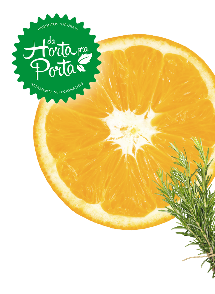 Imagem de uma laranja cortada ao meio com o logo da Horta Pra Porta e um ramo de alecrim